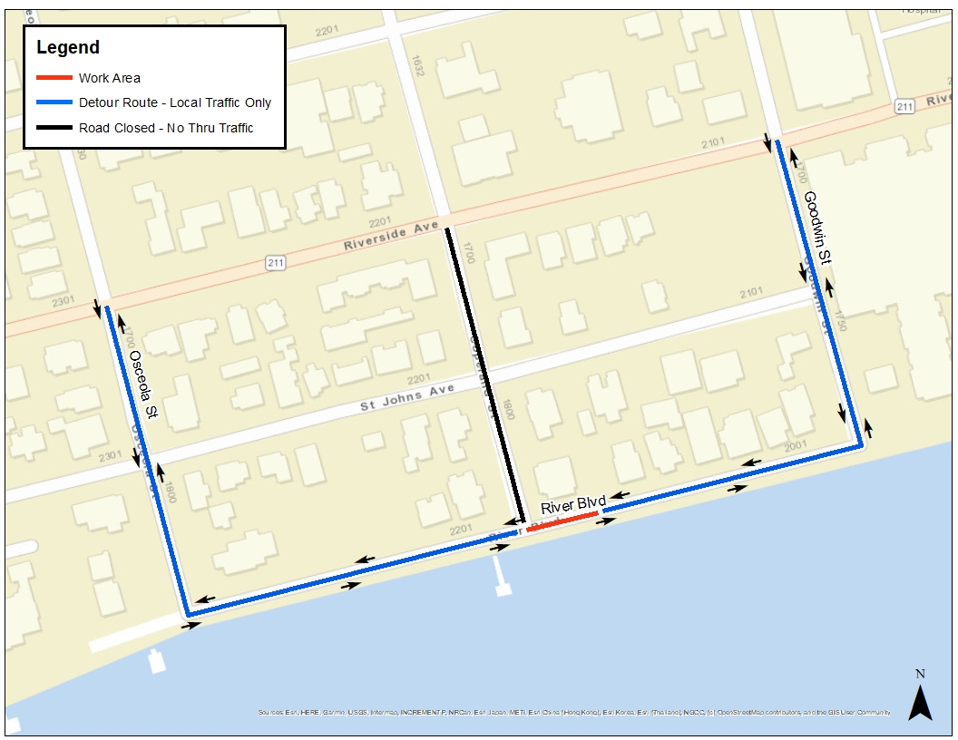River Boulevard Sewer Repair Project Area & Detour Map